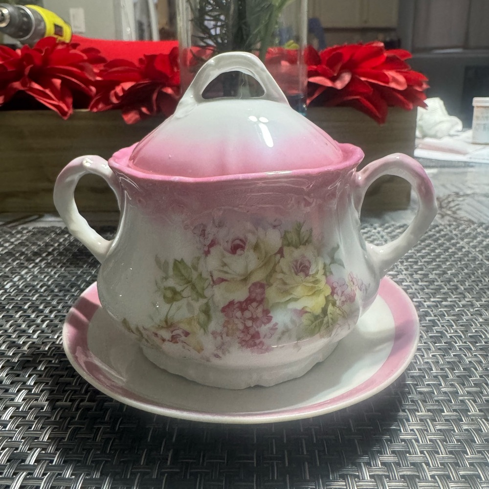 Sugar Bowl Pink Floral With Under Plate Pre-Owned